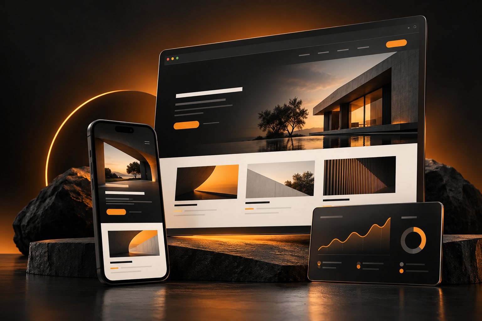 Diseño web adaptable a computadora y celular, con interfaz en negro y naranja de LATAM Digital Solutions